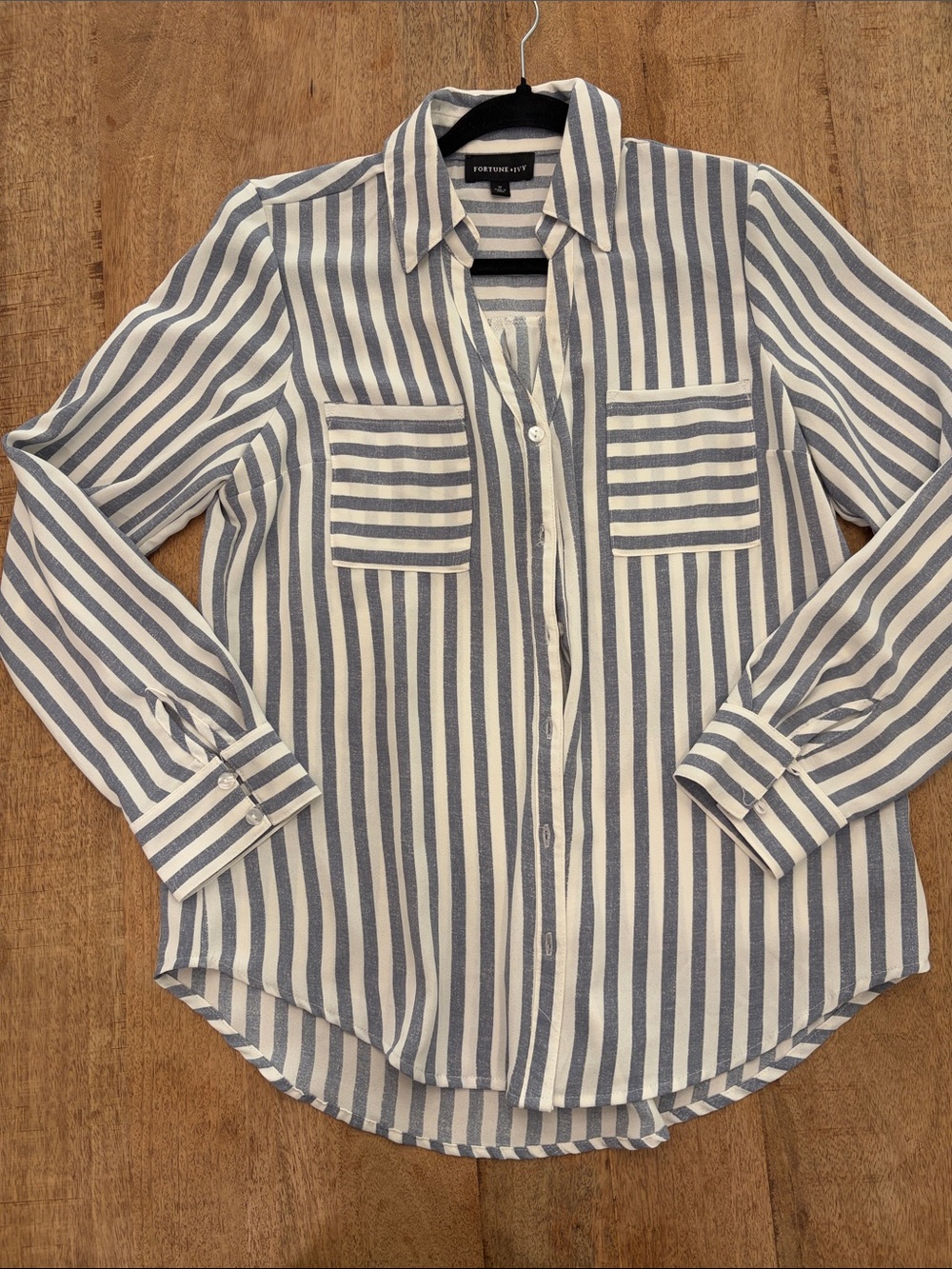 Fortune + Ivy Blue White Striped Button Down Shirt Women’s M Coastal Preppy